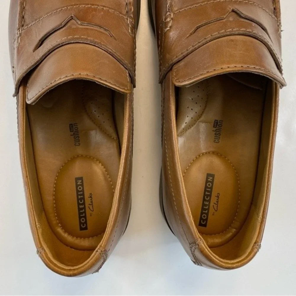 CLARKS TILDEN WAY PENNY LOAFER Size 11 Brown Camel Leather Slip on